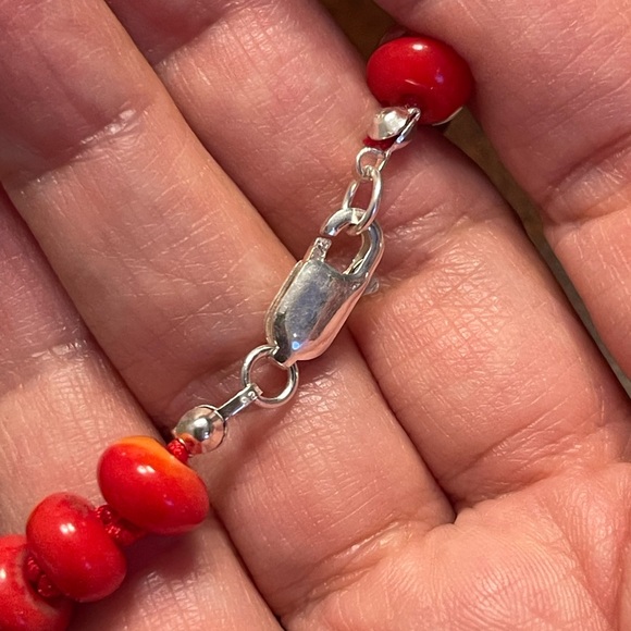 Red coral bead solid sterling silver long necklace - Picture 7 of 9